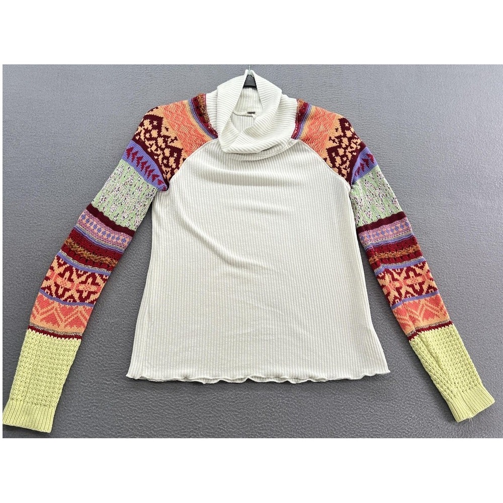 Free People Shirt Womens XS Cowl Neck Prism Pattern Boho Pullover Multicolor